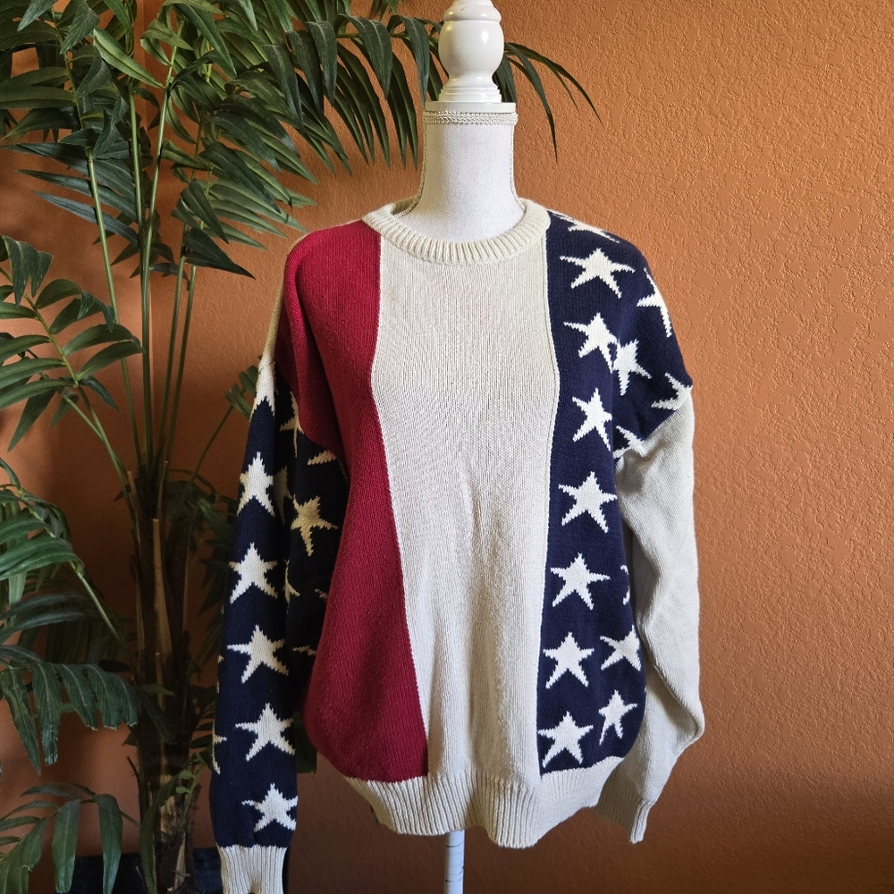 Vintage Old Glory Cotton Sweater Medium USA Americana Red White Blue Star Stripe